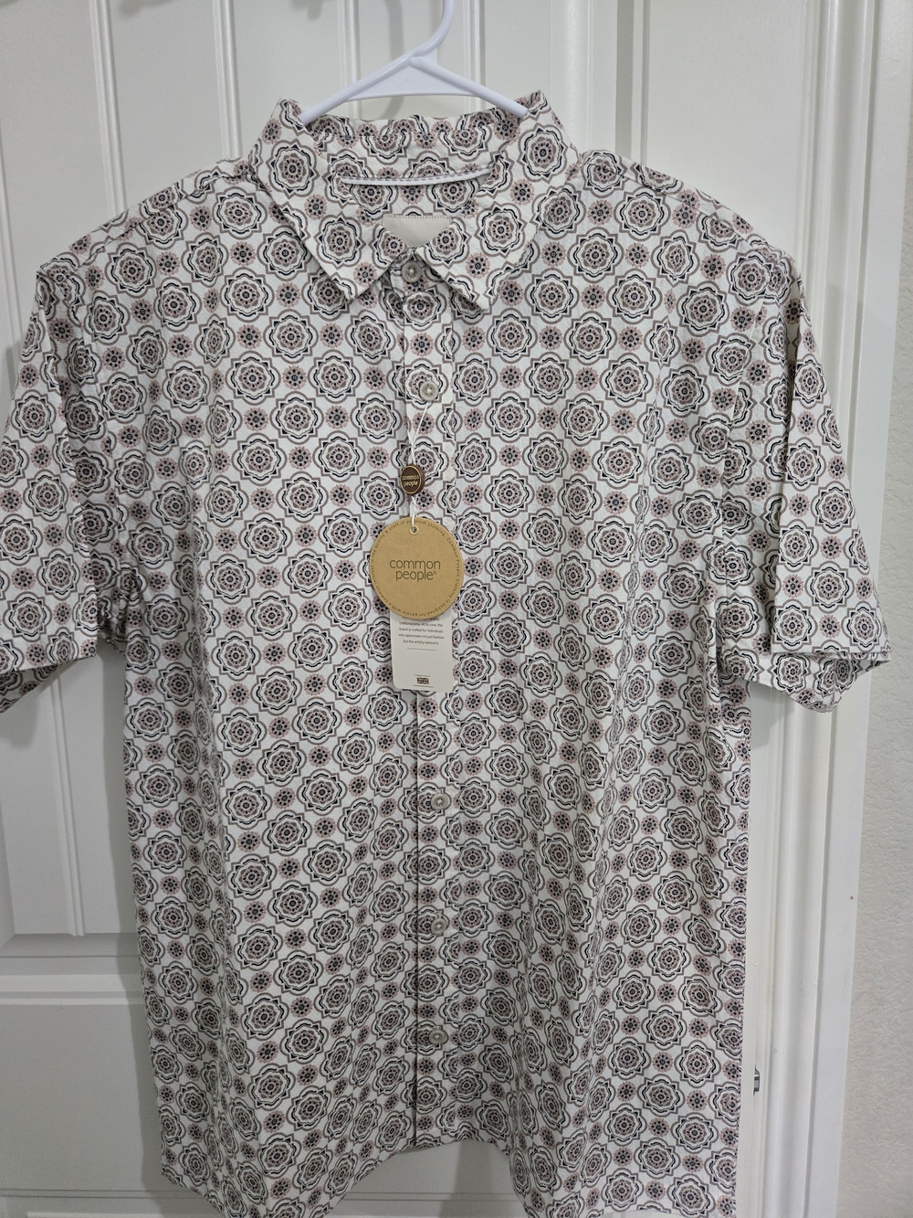 Common People Men's White Button-Down Shirt with Brown Medallion Print